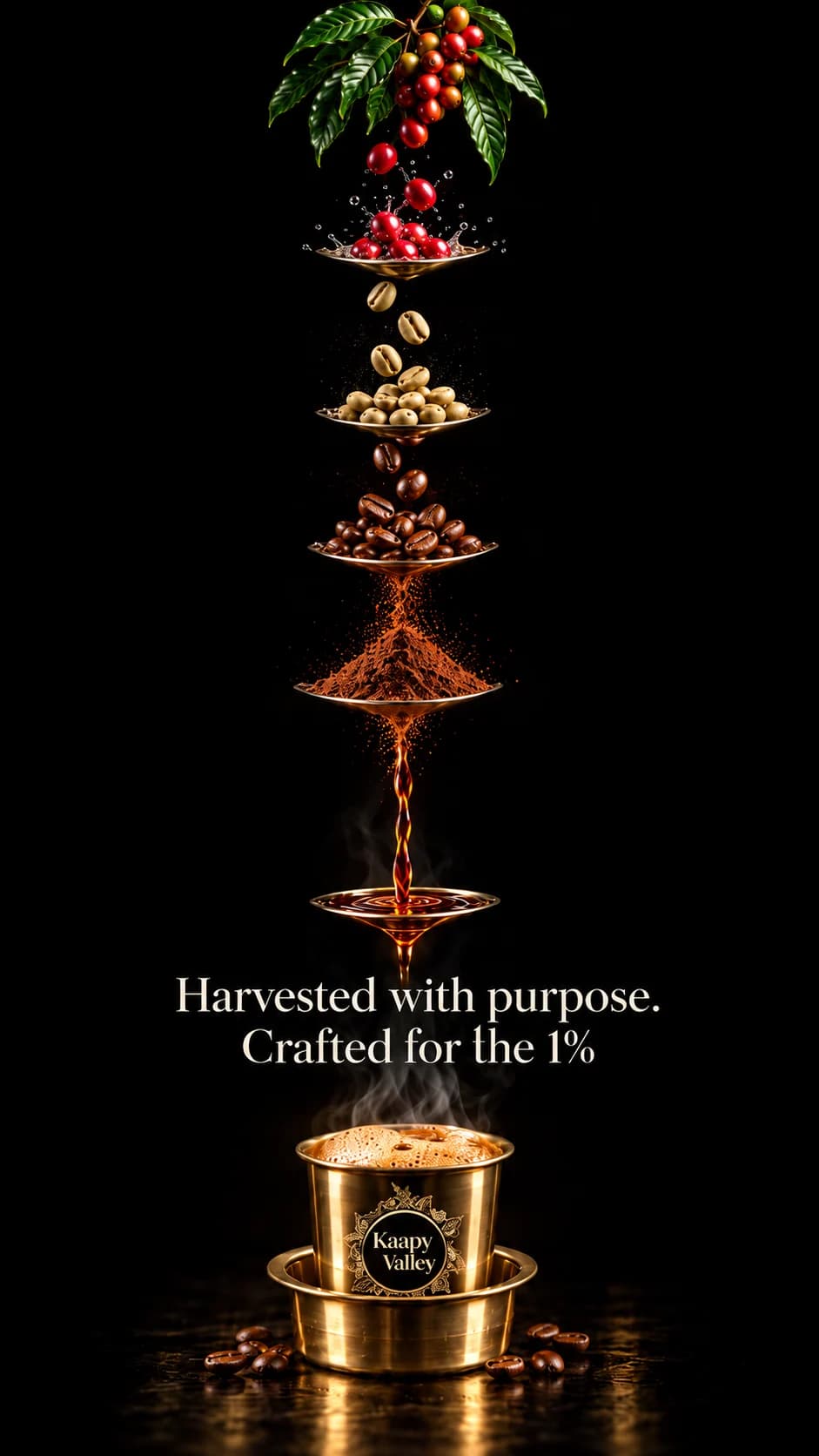 Coffee cherries, green beans, roasted beans, ground coffee and decoction passing from dish to dish into a brass filter coffee tumbler, with the line “Harvested with purpose. Crafted for the 1%”