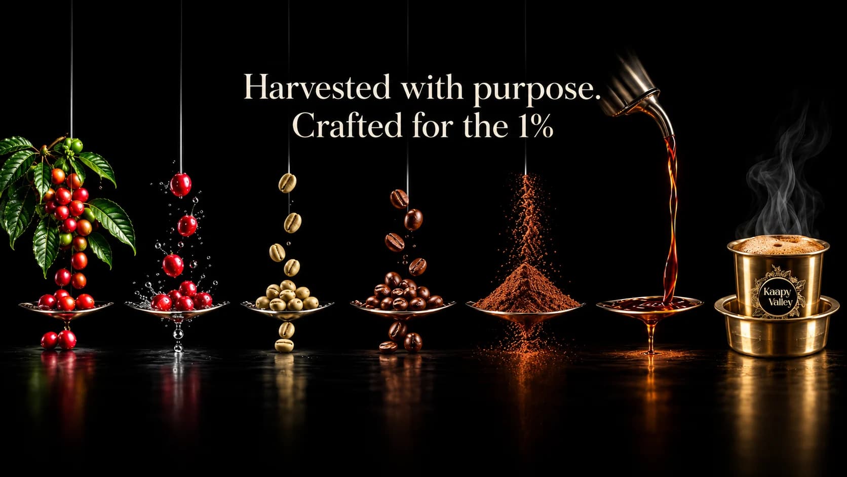 Coffee cherries, green beans, roasted beans, ground coffee and decoction passing from dish to dish into a brass filter coffee tumbler, with the line “Harvested with purpose. Crafted for the 1%”